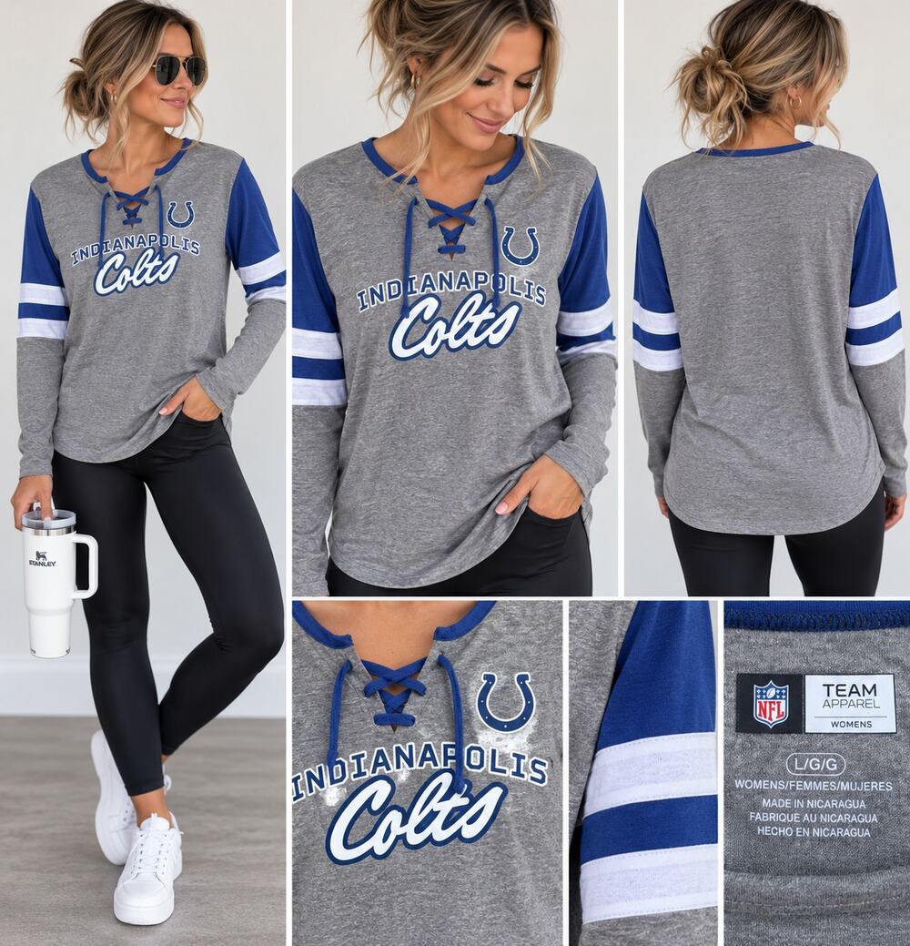 Indianapolis Colts Women’s Lace-Up Long Sleeve Shirt Gray Blue Size Large NWT